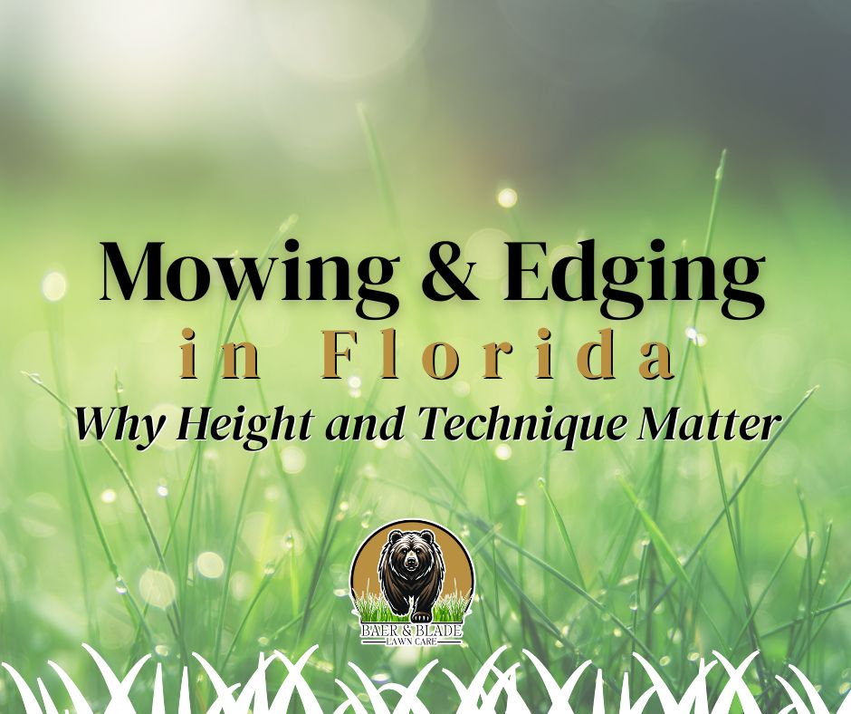 This is the featured image for Mowing and Edging in Florida and why height and technique matter for Baer and Blade.