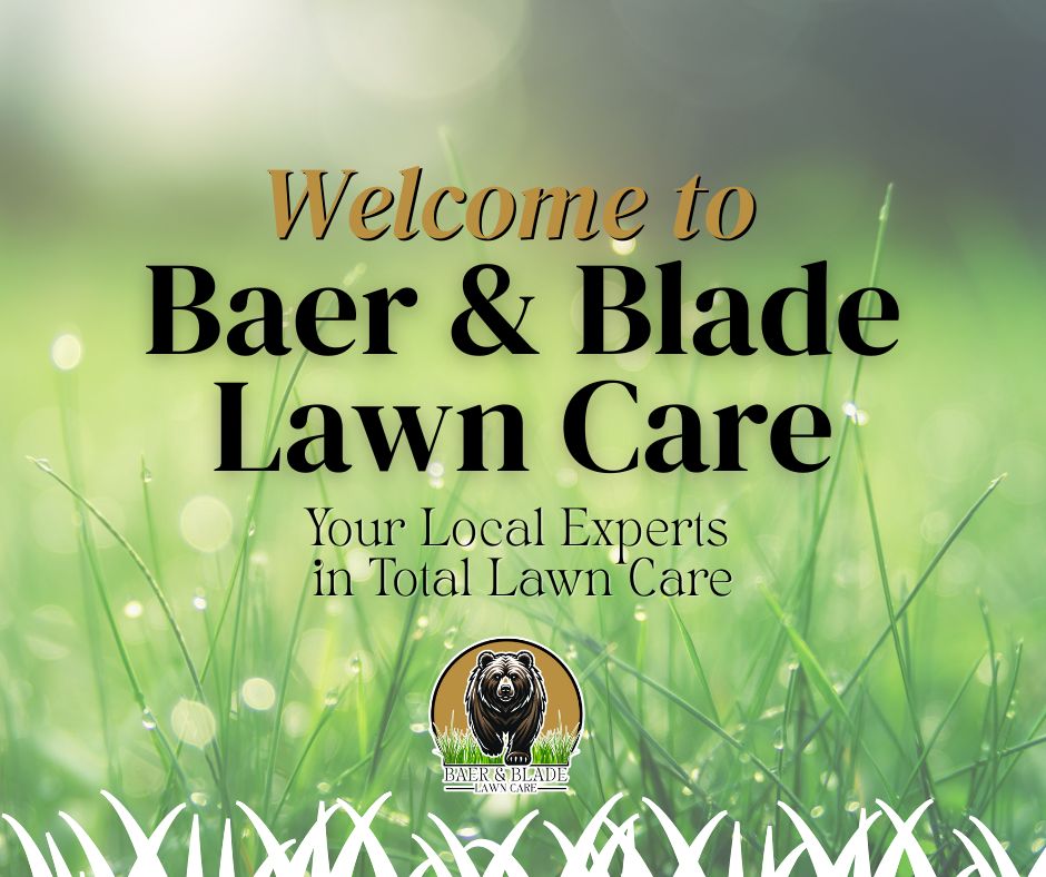 A graphic image of grass faded in the background with the Baer & Blade logo and the title of the blog post: Welcome to Baer and Blade Lawn Care.